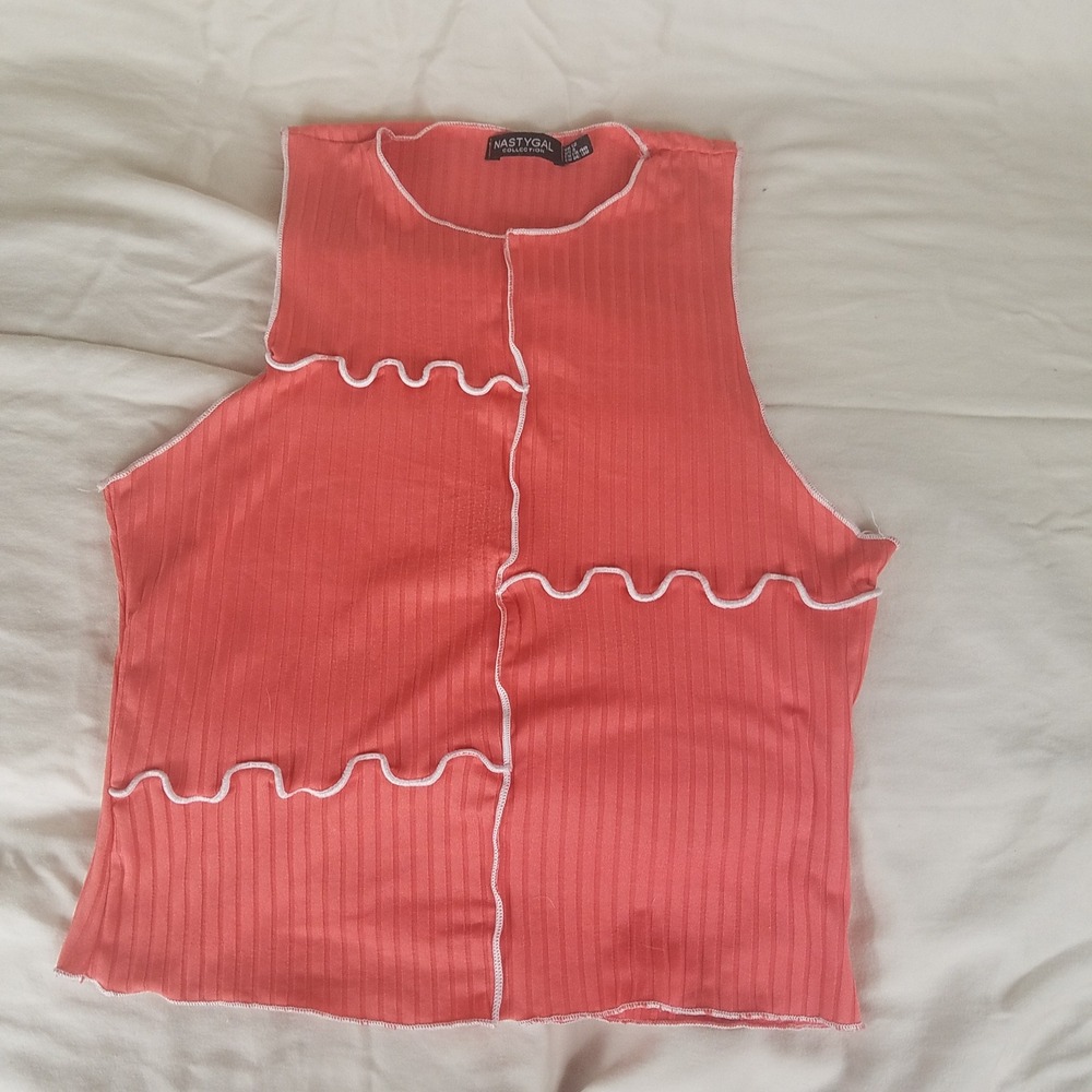 Nasty Gal Tank Top Womens 8 Coral Excellent Ribbed Contrast Stitch Lettuce Edge